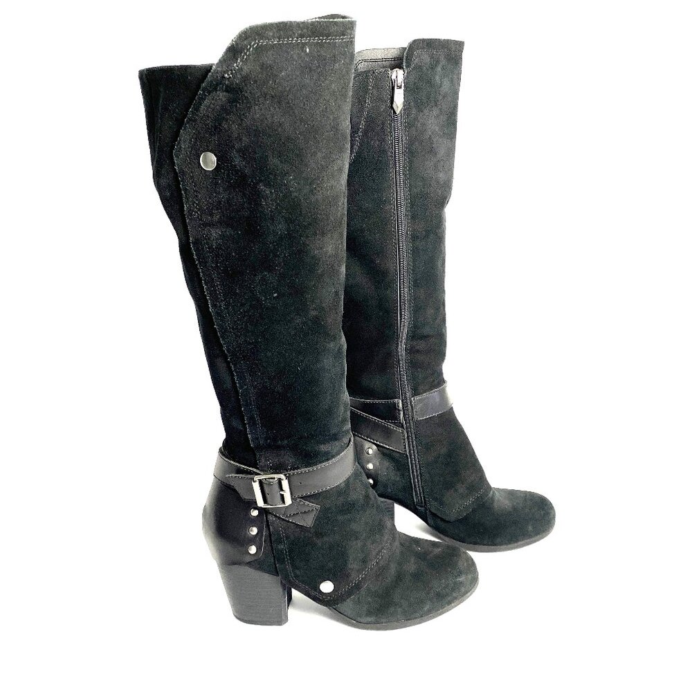 FERGIE Lilith Tall Belted Spat Inspired Black Suede Boot Women 8.5 M